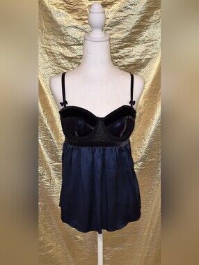 Vintage Bebe Silky Navy and Black Babydoll Lingerie Top